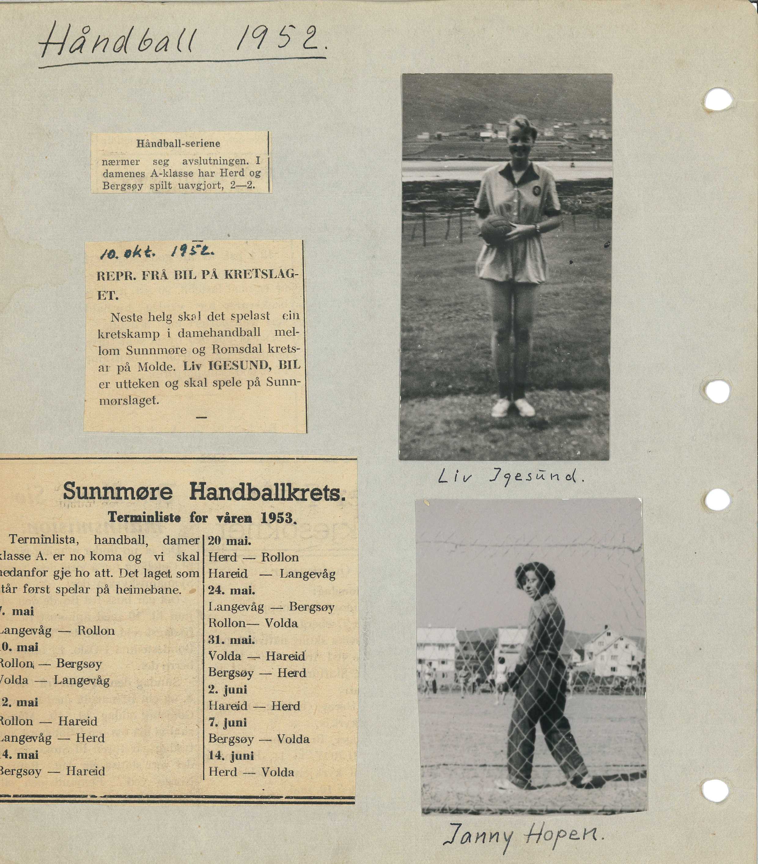Side 5 – 1952: Bergsøy Handball. Terminliste våren 1953. Bilder av Liv Igesund og Janny Hopen.